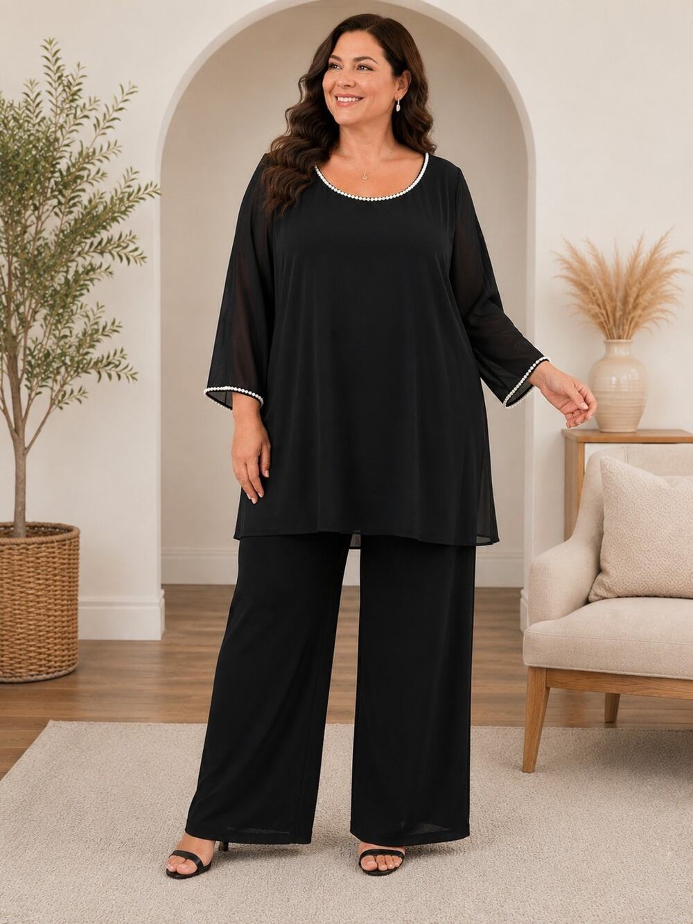 Roaman's Women 42W Black Pearl Trim 2 Piece Blouse Cami Top Set Plus Size
